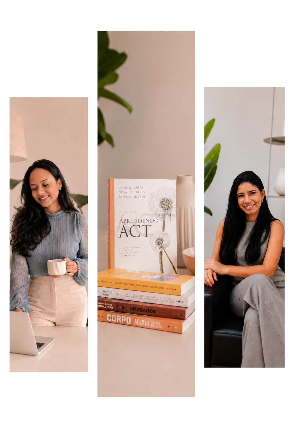 Aflane e Ester, psicólogas da Clínica Contextualize, com livros de TCC e ACT
